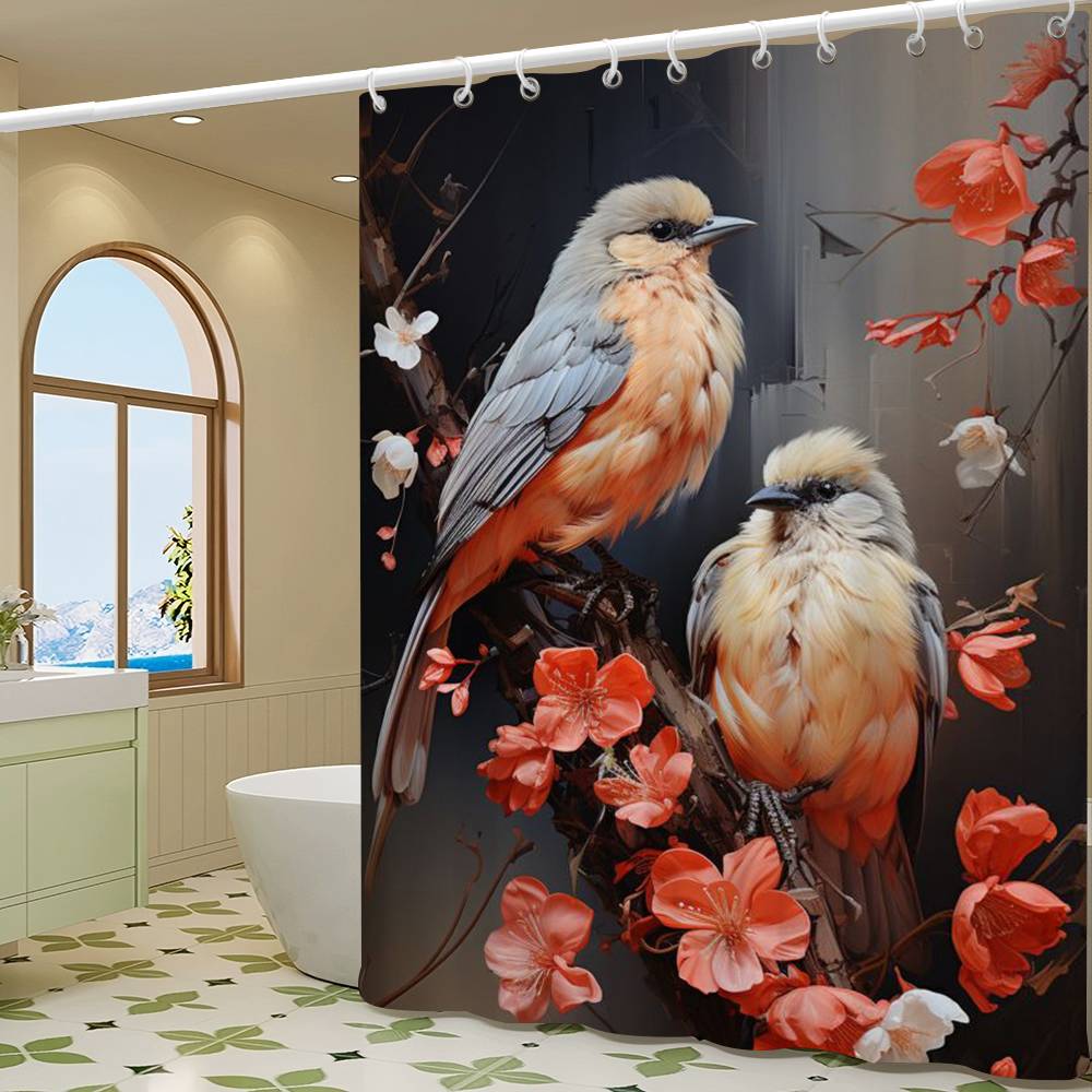 Vintage Birds In Jungle Flowers Canvas Painting Simple Bathroom Shower Curtain Partition Dry Can Be Scrubable Light Opaque Bath
