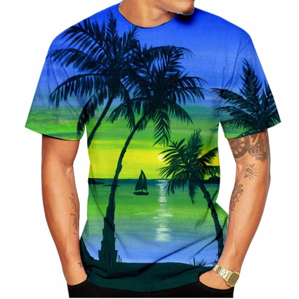 Summer Hawaiian Scenery 3D T-Shirt, Street Fashion Men's Stylish Loose Fit Round Neck Short Sleeve Top