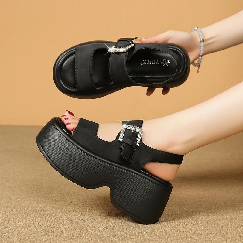 Fashion 8CM High Platform Sandals Women Summer Breathable High Heels Ladies Leather Sneakers Wedges Chunky Slippers Sandalias Mujer