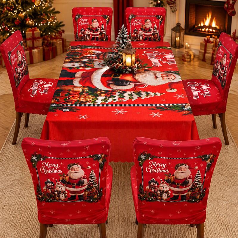 Christmas Chair Cover Tablecloth Set Stretch Santa Print Holiday Dinner Party Decor