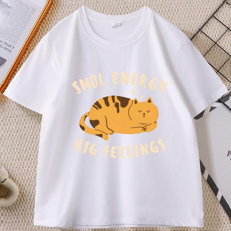 Smol Energy Big Feelings Cat Tshirts Casual Cotton Short Sleeve Round Neck Tshirt Unisex WOMEN Summer Comfortable Clothes Tops
