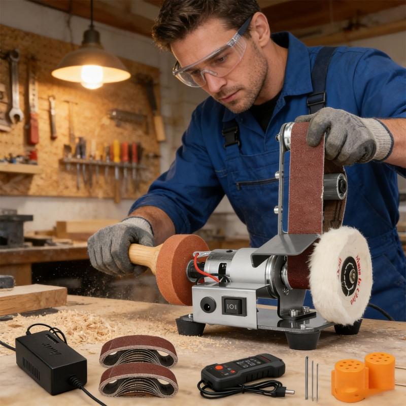 3-in-1 Mini-Bandschleifer mit 7 Geschwindigkeiten, anpassbarer Polierer und Puffer für Metall, Holz, Schmuck, DIY-Projekte, platzsparendes und praktisches Design