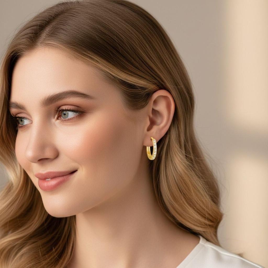 Klassische Pavé Huggie Creolen - Sterlingsilber Gelbvergoldet