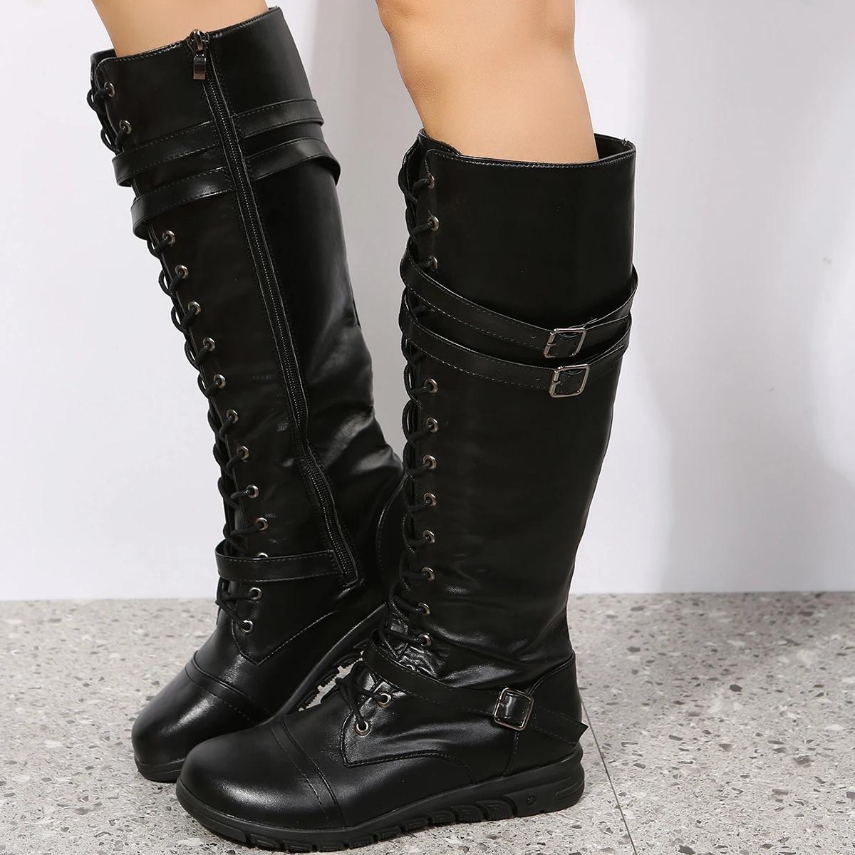 2024 Женские ботфорты до колена Ретро кожа Шнуровка Ремешок с пряжкой Боковая молния — фото 3