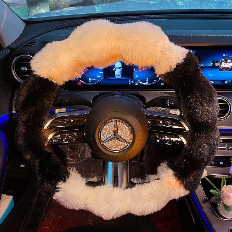 

Car Steering Wheel Cover for All Seasons 2024 New Winter Cartoon Cute Sweat-Absorbent Warm Plush Handlebar Cover Wavy Long Hair Black and White