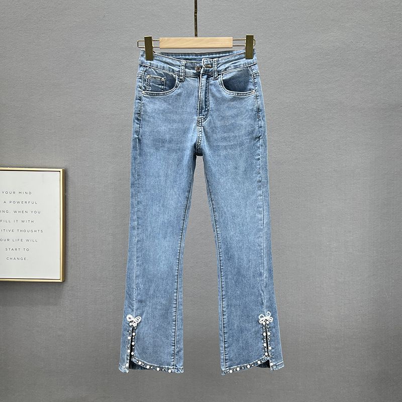 

European Station Summer Wear Elastic High Waist Slit Nine-Point Beaded Light blue 27