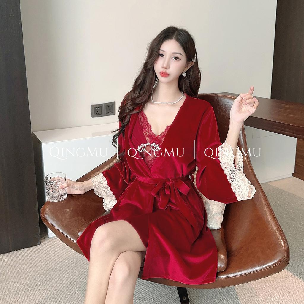 Autumn and winter suspender nightgown two-piece set sexy with chest pad golden velvet pajamas women's private sex loungewear autumn