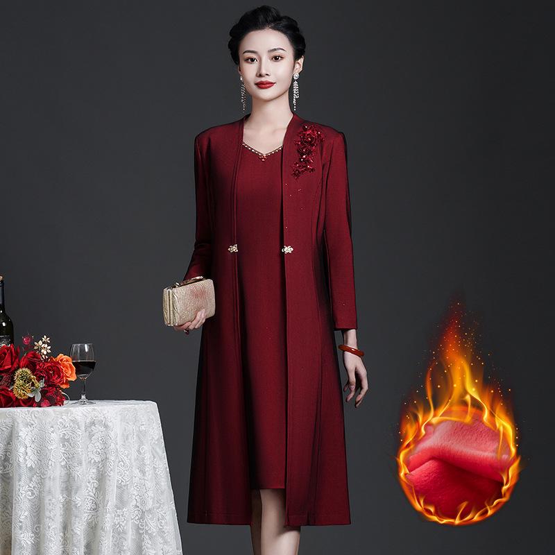 2022 Autumn/Winter Wine Red Women's Plus-Size Fleece Two-Piece Set for Middle-Aged & Elderly (Long Sleeve Jacket)