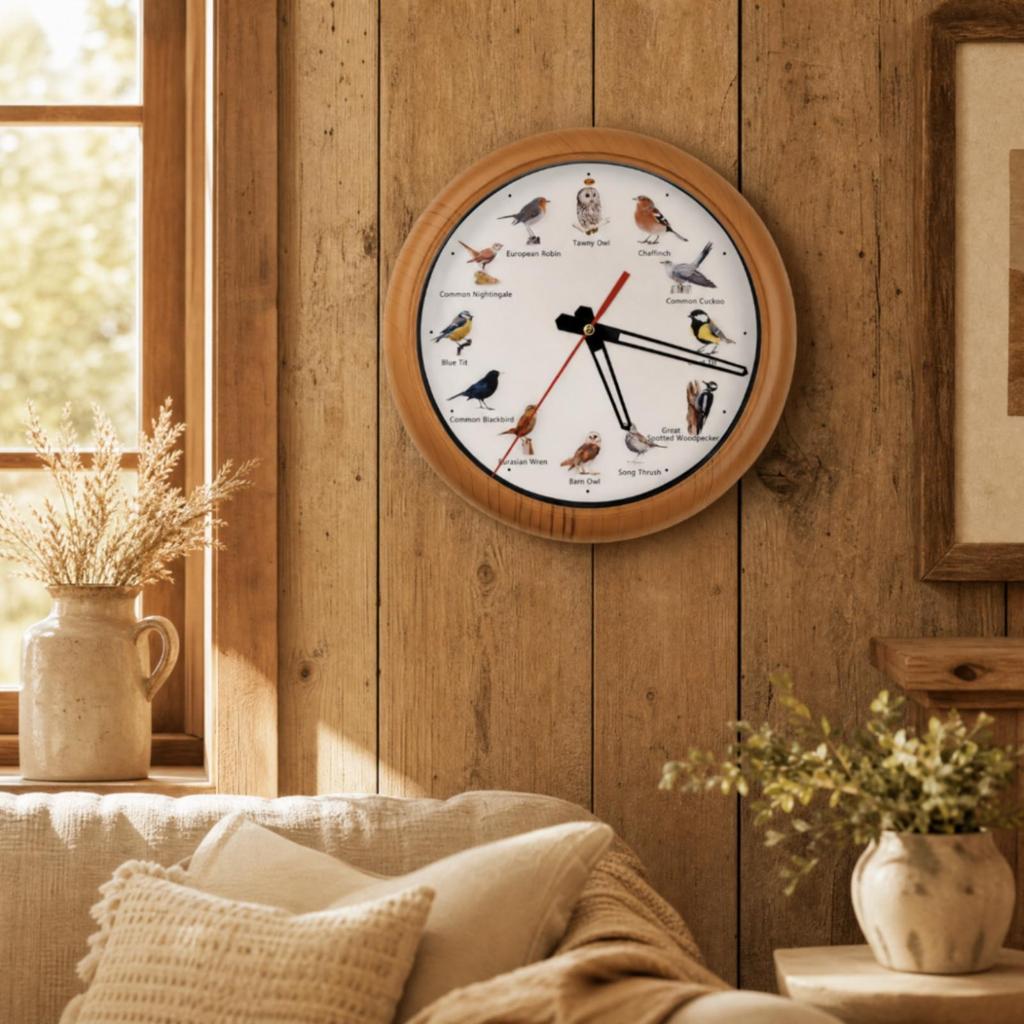 Round Wall Clock with Wooden Frame Nature-Inspired for Living Room, Hallway