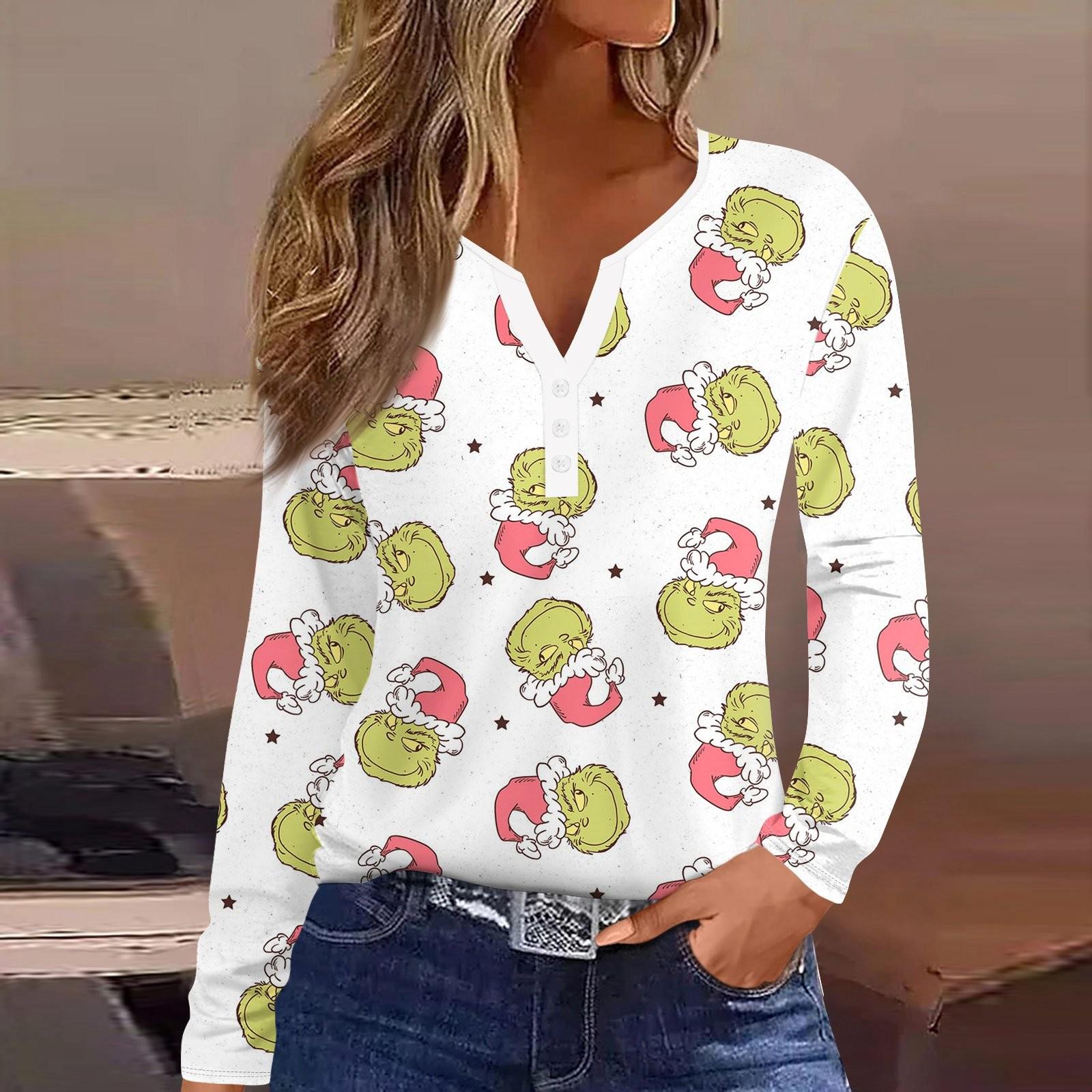 

Женская футболка с прямыми плечами и рождественским принтом, длинными рукавами, прямыми плечами и V-образным вырезом на пуговицах XL белый