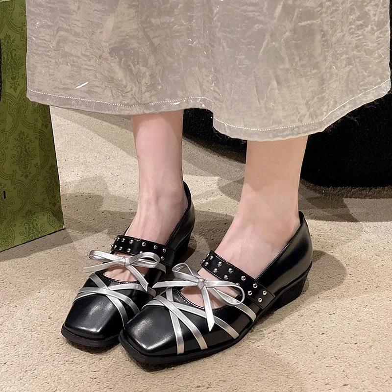 Bow Women Mid Heels Shoes Cross Belt Office Designer Sandals Summer Dress  Loafers Chunky Shallow Punk Zapatos Mujer Pumps