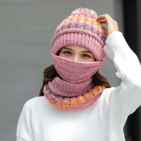 Set de eșarfe pentru pălărie de tricotat, 3 bucăți/set, căptușeală de pluș îngroșată, decor cu minge cu blană, pălărie, încălzitor de gât, set de protecție pentru față detașabil