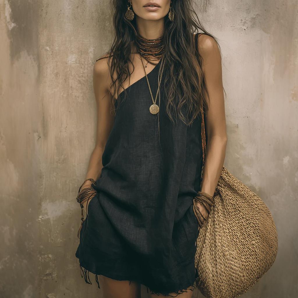 Women’s Casual Sleeveless Loose Fit Pocket Short Dress Cotton Linen Asymmetric Neckline Summer Tunic Style