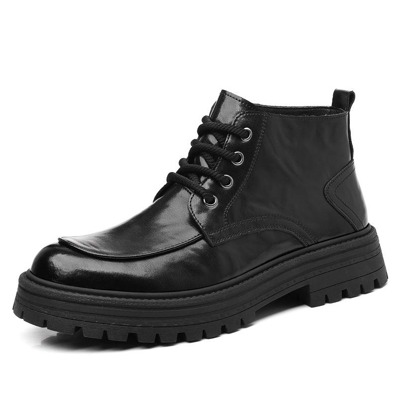 Black fashion Martin boots men's 2024 autumn and winter new velvet warm high-top cotton shoes Martin boots men