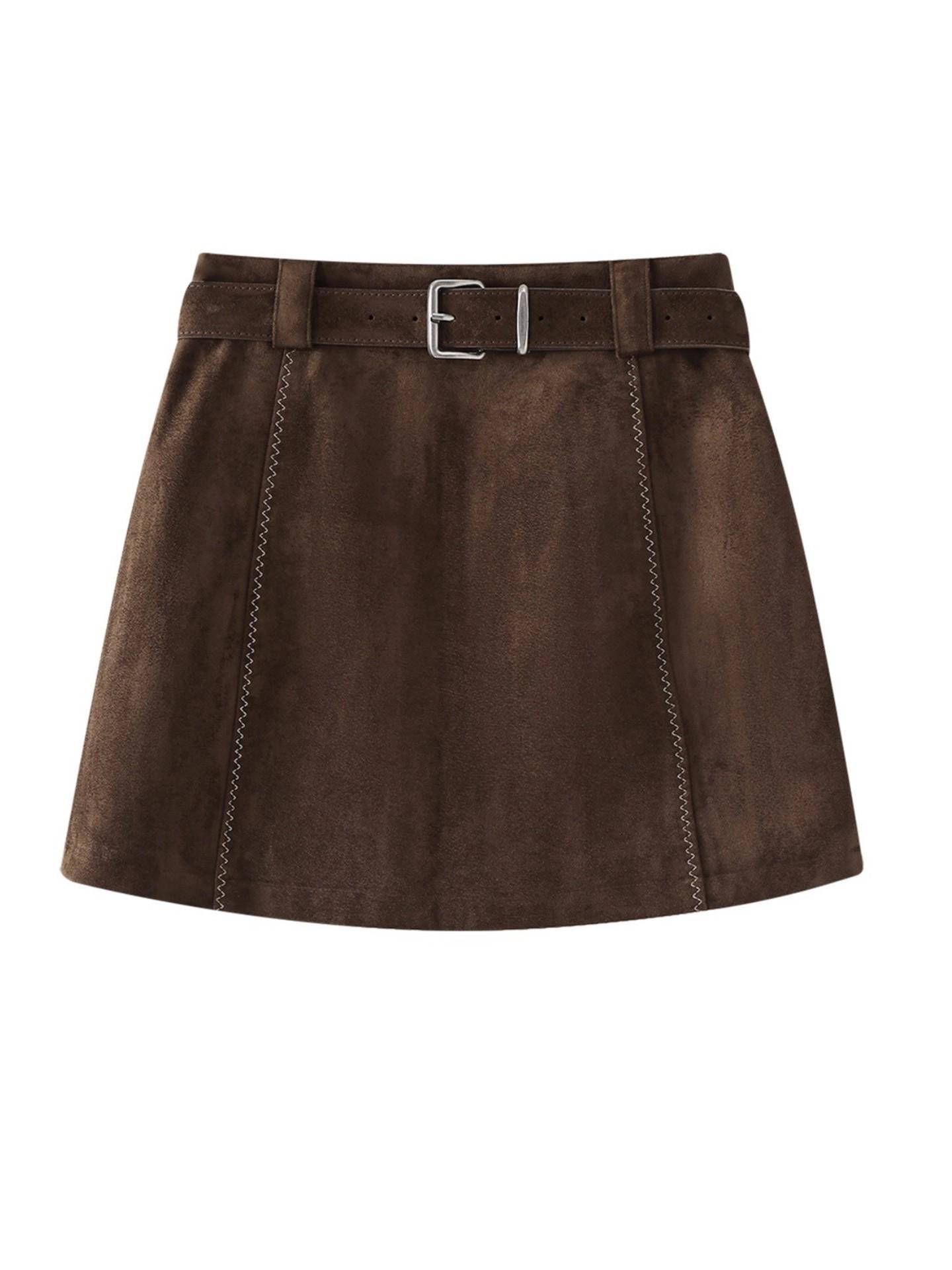 Women s Petite High-Waist Brown Suede A-line Bodycon Skirt - Autumn Winter Collection 3XL