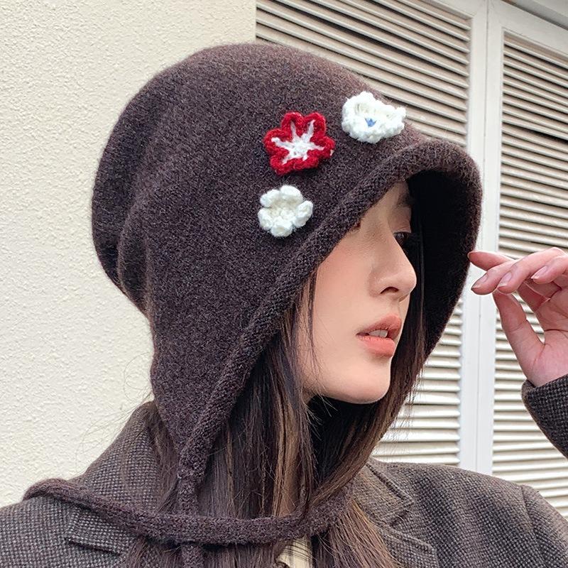 Autumn and winter flower knitted bucket hat new hat female cute washbasin hat casual versatile bucket hat