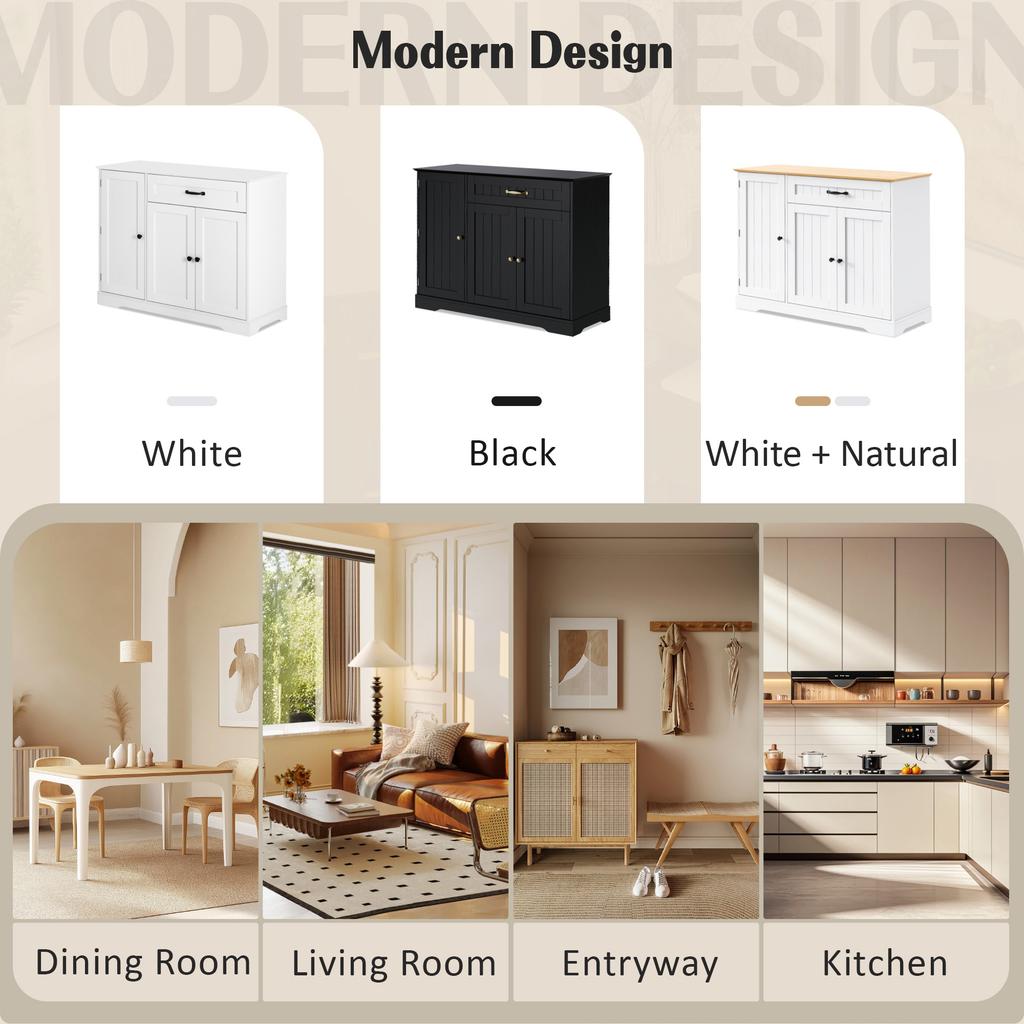 Moderní, Elegantní Příborník se 3 Dveřmi a Jednou Zásuvkou, Bufetová Skříňka do Jídelny, Obývacího Pokoj a Předsíně (Bílá+Přírodní)