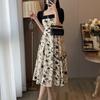 New pure desire style design sense thin splicing floral dress women's summer square neck bubble sleeve a word dress
