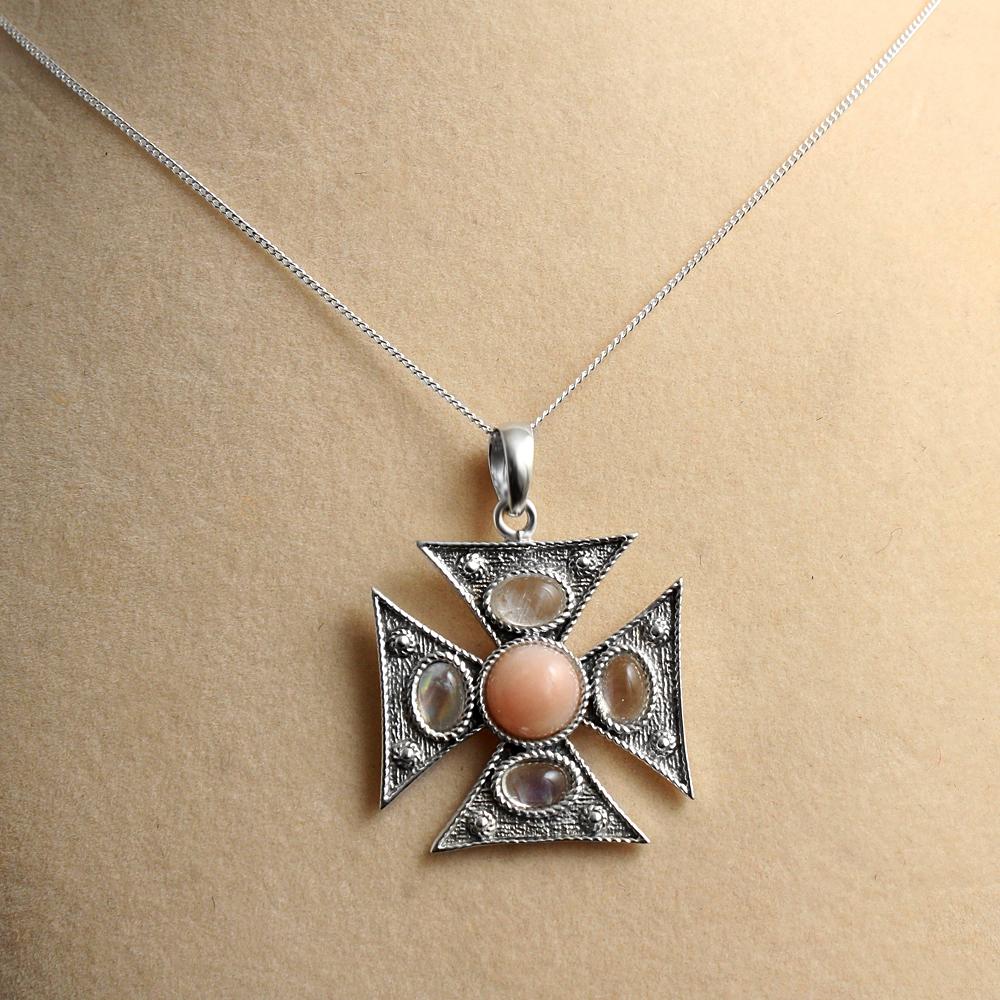 Pink Opal Moonstone Maltese Cross Pendant 925 Sterling Silver Handmade Jewelry