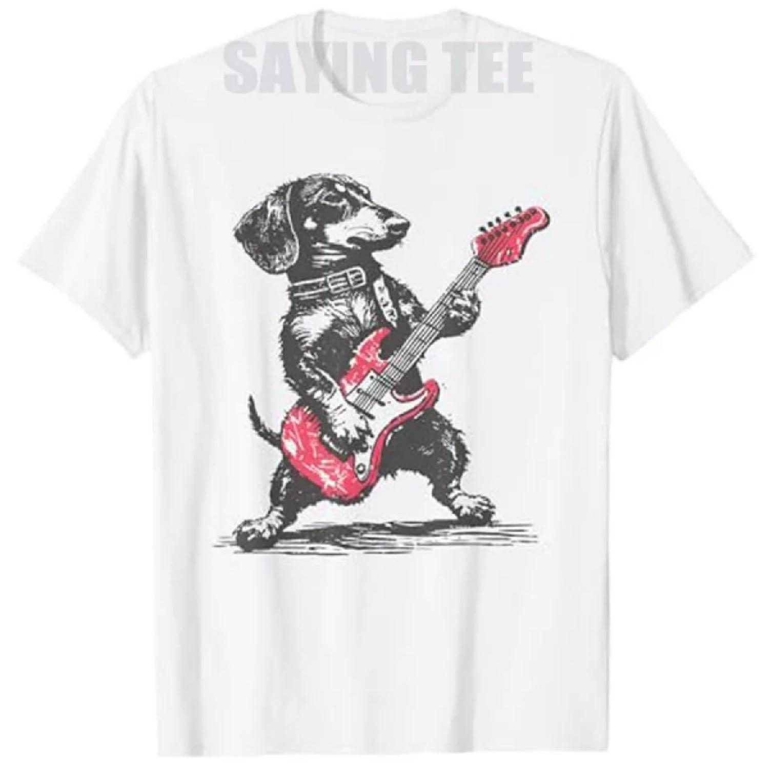 Vintage Dachshund Weenie Playing Guitar T-Shirt Dog Men Music Lover Y2k Graphic Outfit Funny Rock Hip Hop Streetwear Saying Tee S