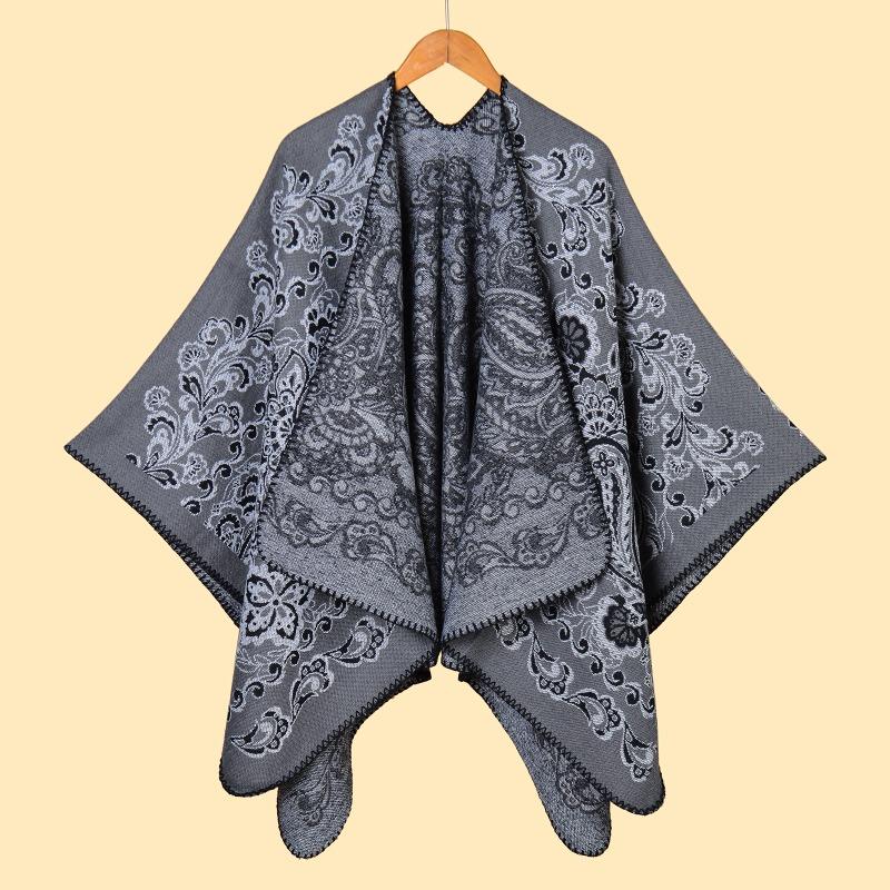 Women's scarf shawl retro jacquard thickened imitation cashmere split warm shawl cape autumn and winter models