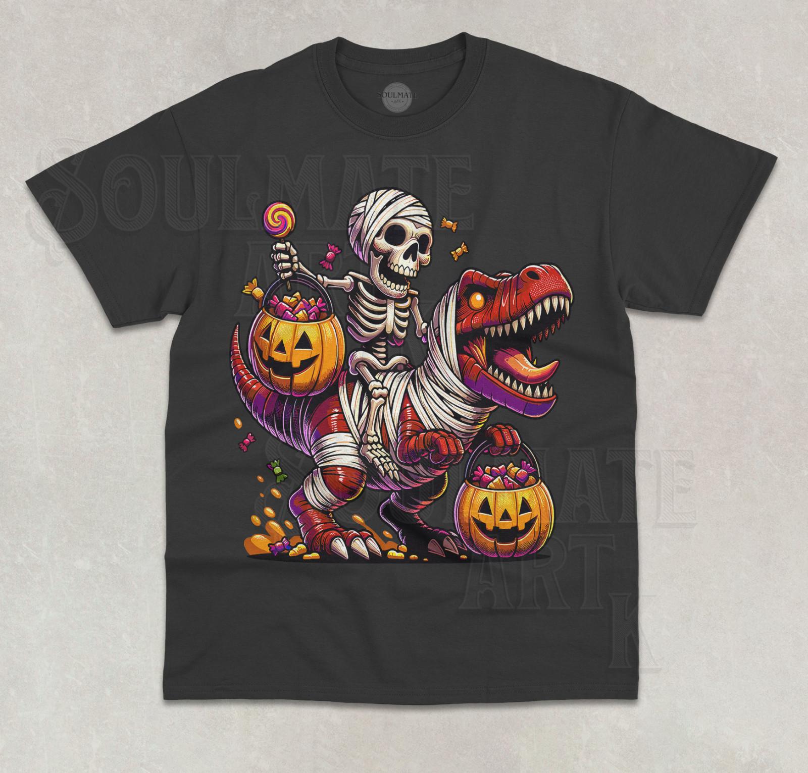 Skeleton Riding Mummy Dinosaur T-Shirt Funny Meme Halloween Dino Unisex Shirt S