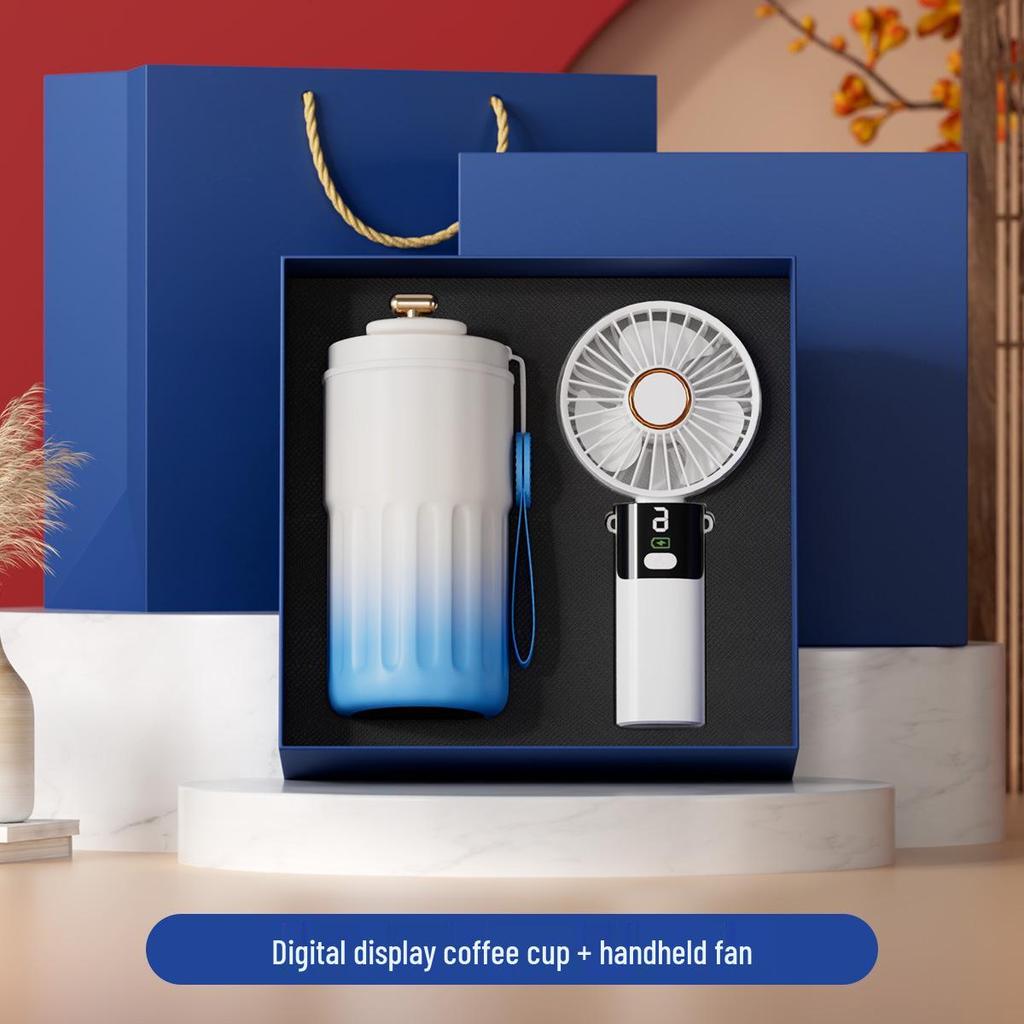 Digital Display Coffee Cup & Handheld Fan Business Gift Set for Leaders & Colleagues - Customizable with Logo