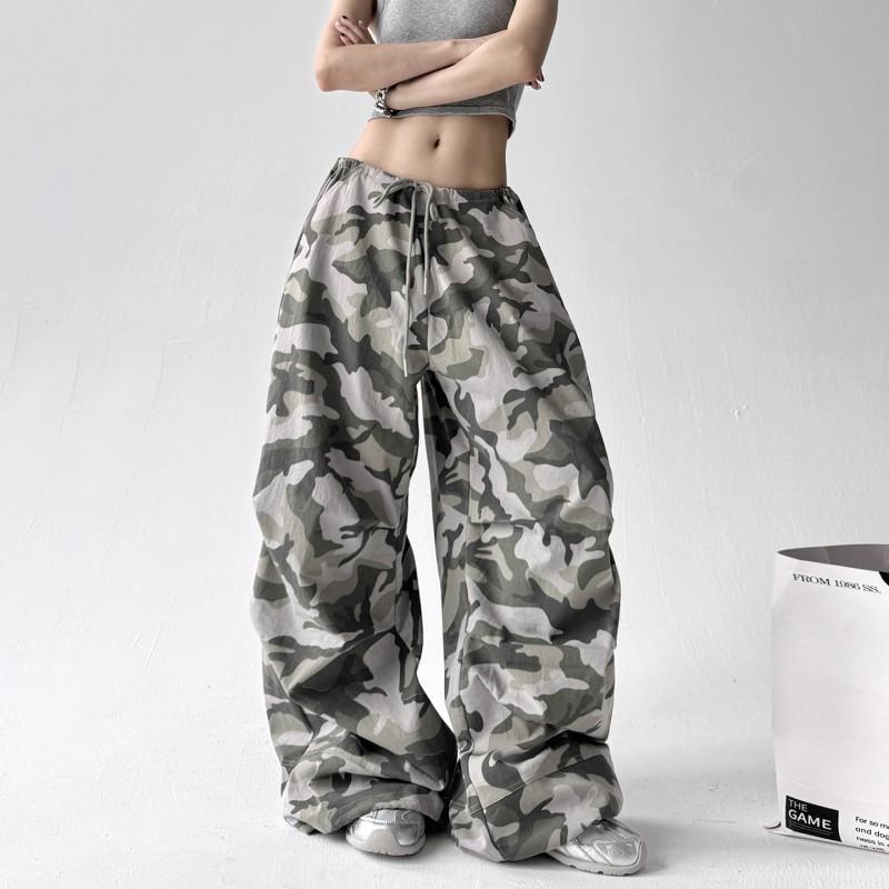 Womens Vintage Camo Cargo Pants High Waist Loose Wide Leg Casual Trousers