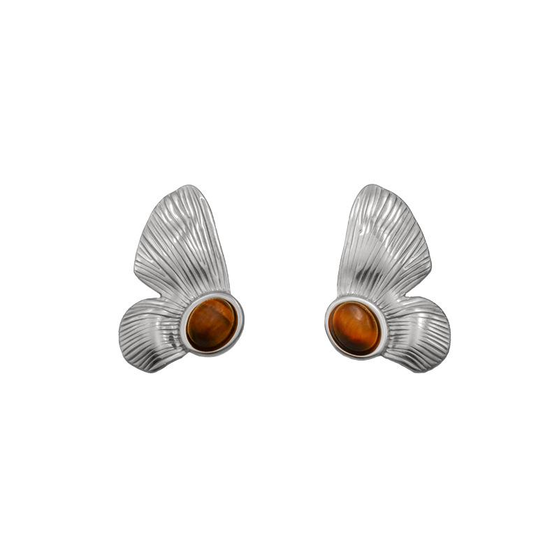 New Niche Exaggerated Tiger'S Eye Stone Inlay Design Earrings Stainless Steel Flower Studs Fashion Temperament Earrings