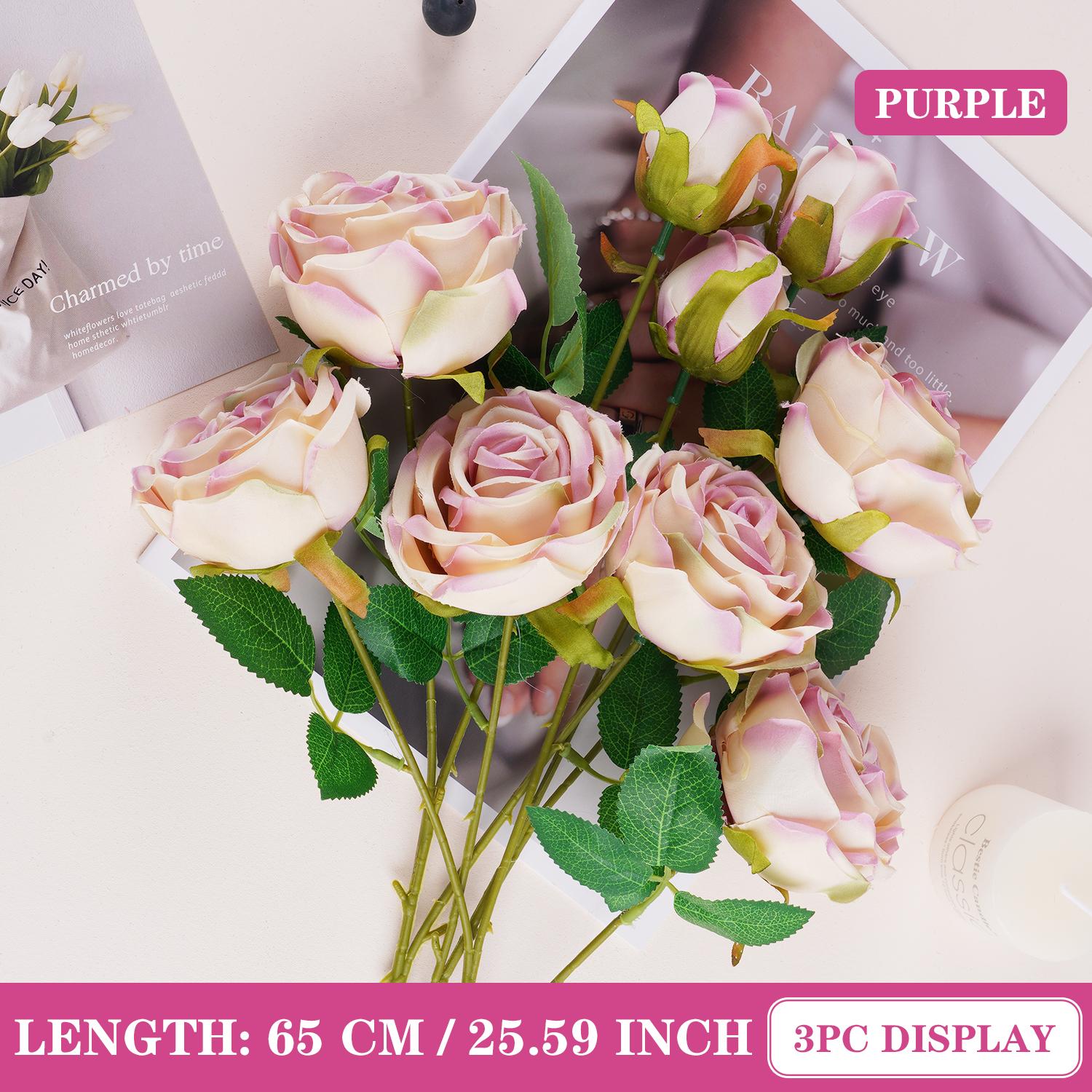 

65cm 3 Heads Artificial Rose Flower Bouquet Realistic Silk Flowers Home Party Wedding Table Decor Autumn Floral Decoration 1pc (no vase) фиолетовый