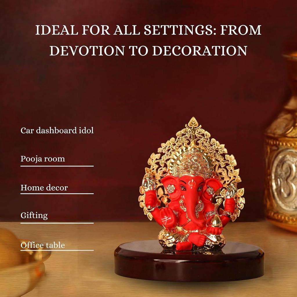 Tree Ganesh Idol Ganpati Murti for Car Dashboard, Office Desk, Hindu God Gift & Home Decor - Resin (Red) - 3 Inches - Pack of 1