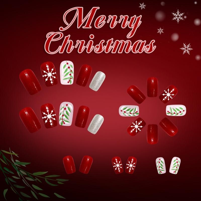 Festive Red Glitters White Snowflake Artificial Nail 24PCS Press On Nail For Christmas Event And Gatherings Decors