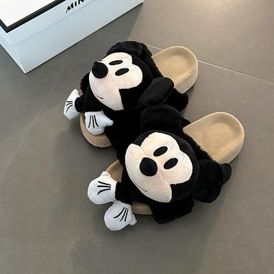 One-word Three-dimensional Mickey Thick-soled Fluffy Slippers Autumn and Winter Fashion Cartoon Outer Wear Warm Girls Half-towed Cotton Slippers