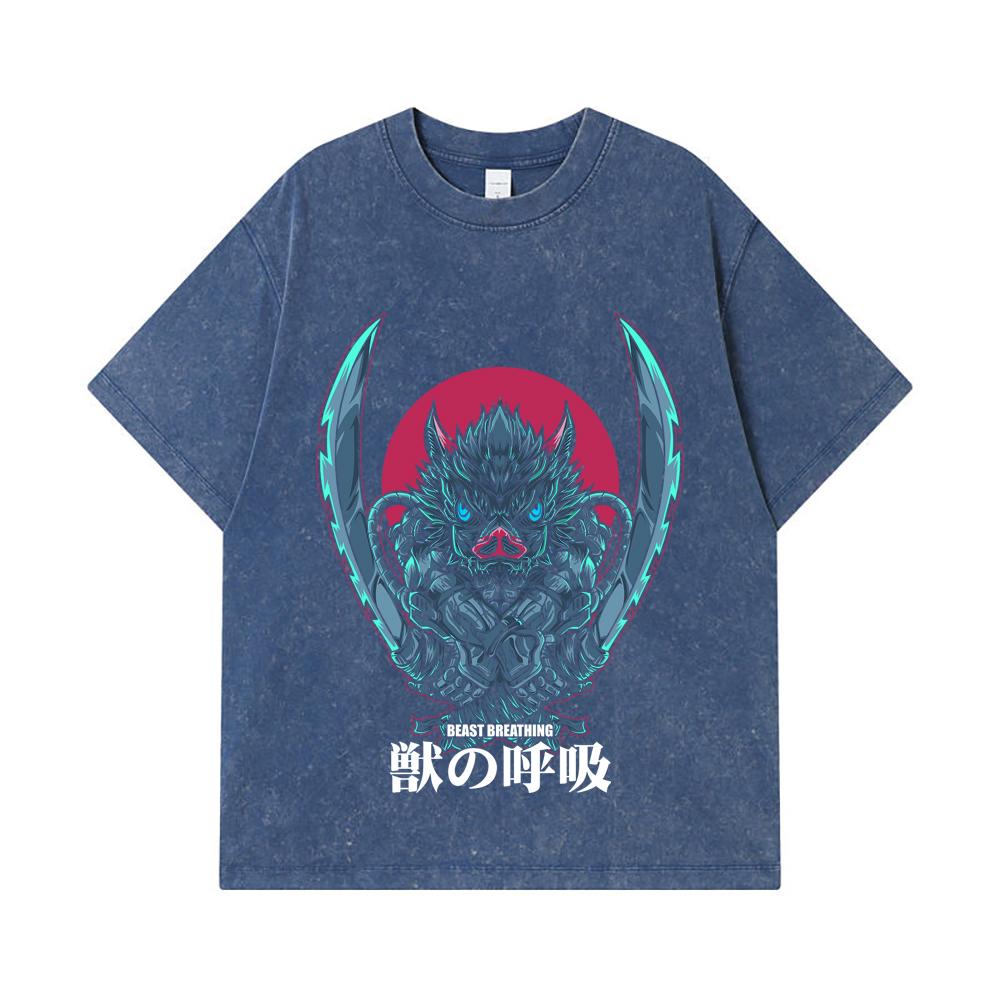 

275 GSM Washed T-shirts 100% Cotton Demon Slayer V29 Inosuke Print Unisex Heavy Cotton T Shirt 2XL