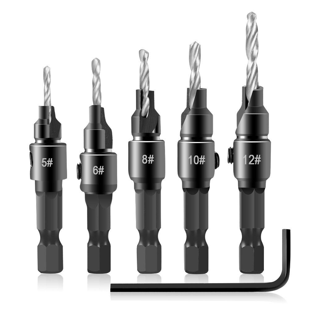 5pcs Drill Bits Countersink Drill Woodworking Drill Bit Set Wood Cutters Drilling Pilot Holes For Screw Sizes #5 #6 #8 #10 #12