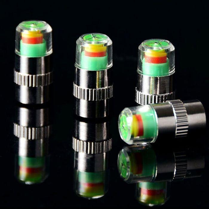 Bouchons de valve - PZCC - Lot de 8 - Indicateur de pression 3 couleurs - Métal chromé - 1x2,5 cm