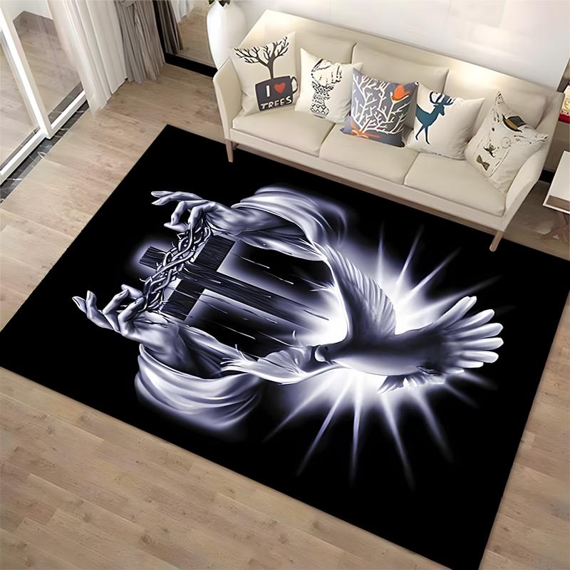 Cross and White Dove Printed Non-slip Rug, Suitable for Living Room and Bedroom Sofas