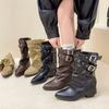 Retro Design Pointed Short Boots Willow Spikes Medium Boots Autumn and Winter Belt Buckle Thick Heel Pile Boots Maillard