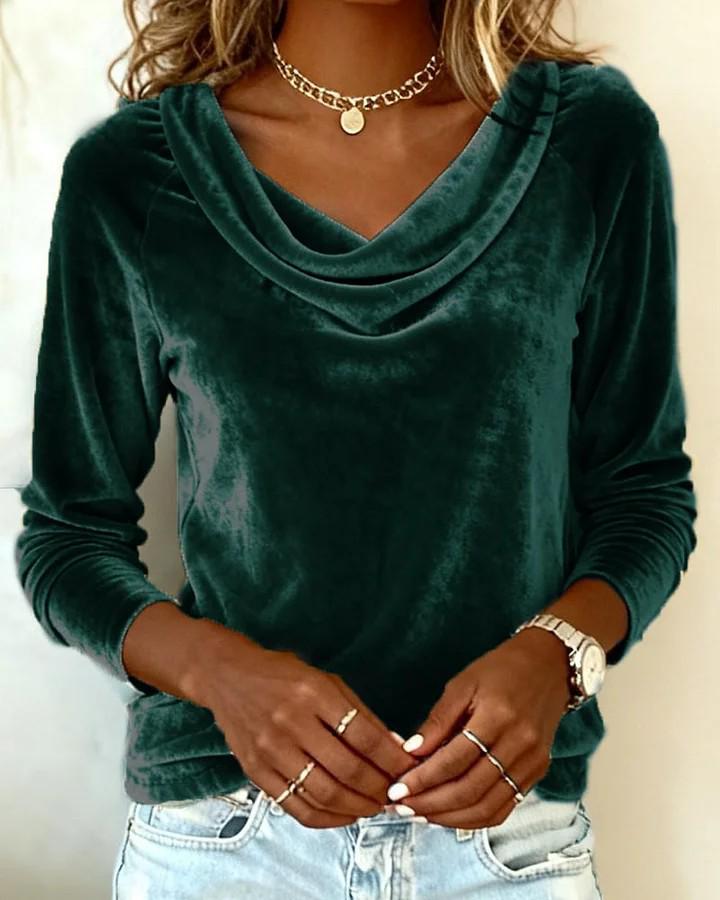 European & American 2025 Fashion Women's Solid Color Velvet Swing Collar Long Sleeve T-shirt