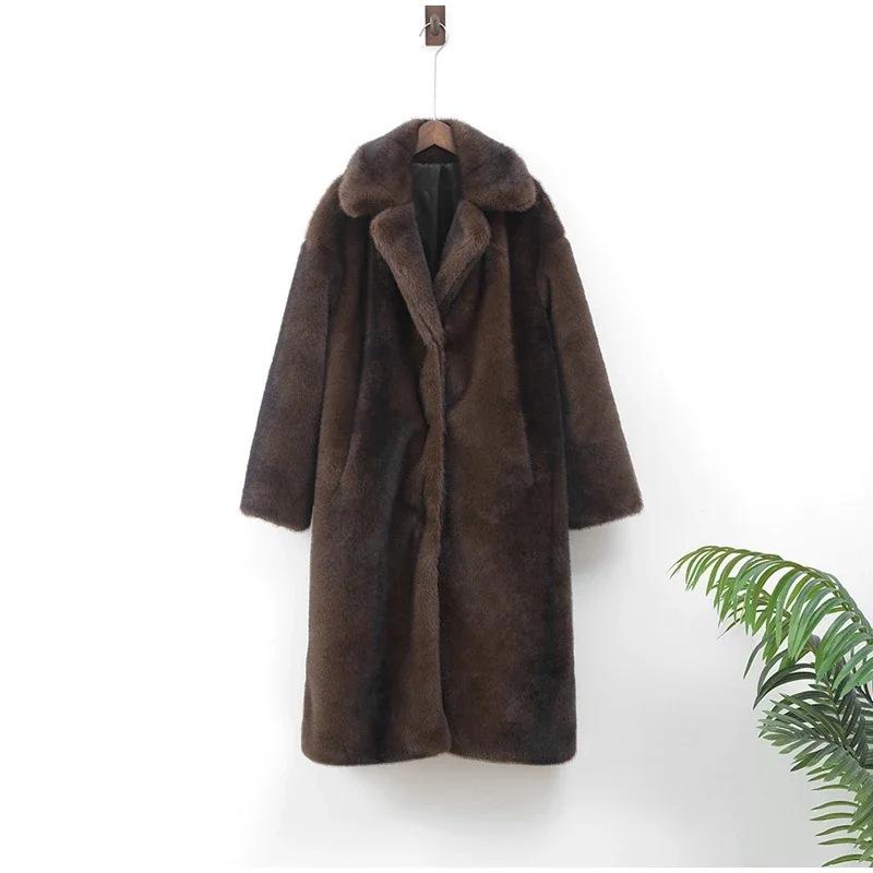 Dark Brown Faux Fur Long Coat - 2024 Winter Collection: Plush, Warm, and Thickened.