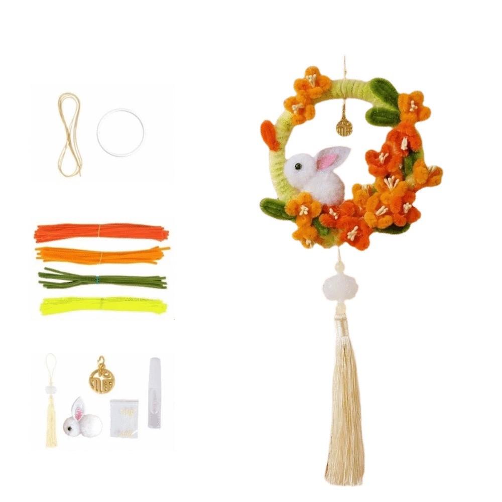 Unfinished Cartoon Rabbit Wreath Pendant Round Wreath Rabbit Wall Hanging Wreath Kids Arts Set 2