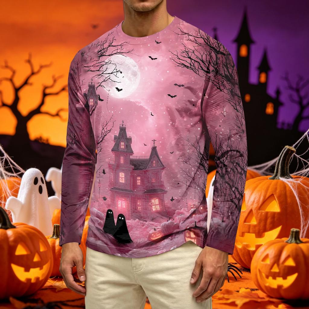 Men's Long Sleeve Casual T Shirt Crew Neck Haunted House Print Halloween Theme Graphic Tee Comfortable Fit
