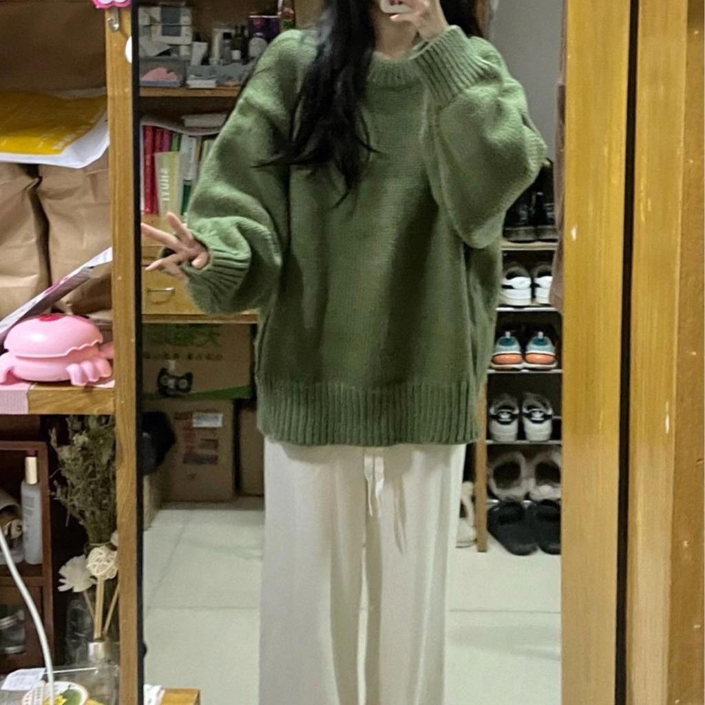 2023 Women's Thick Green Pullover Sweater - Retro Japanese Style for Autumn/Winter