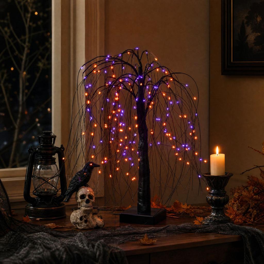 Halloween Lamp with Black Branch and Purple Orange, Home Decor Night Light for Party