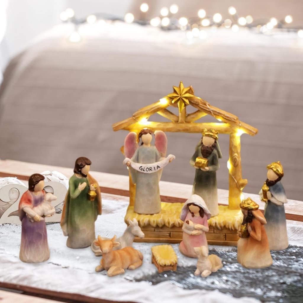 Lighted Up Resin Holy Family Statue Christmas Festival Decor Miniature Centerpiece for Living Room Table Decoration