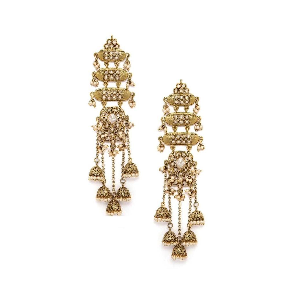 Long Jhumka Earrings with Pearl Beads & Ear Chain Traditional Wedding Festive Jewellery for Women & Girls