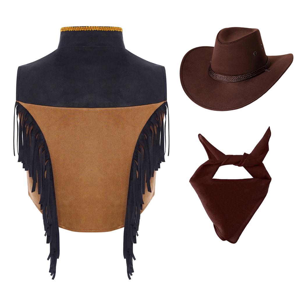 Costume da Cowgirl Western per Bambini Set Gilet Frangiato Bordatura in Nastro Dorato Bottoni a Pressione Cappello a Tesa Larga Bandana Outfit