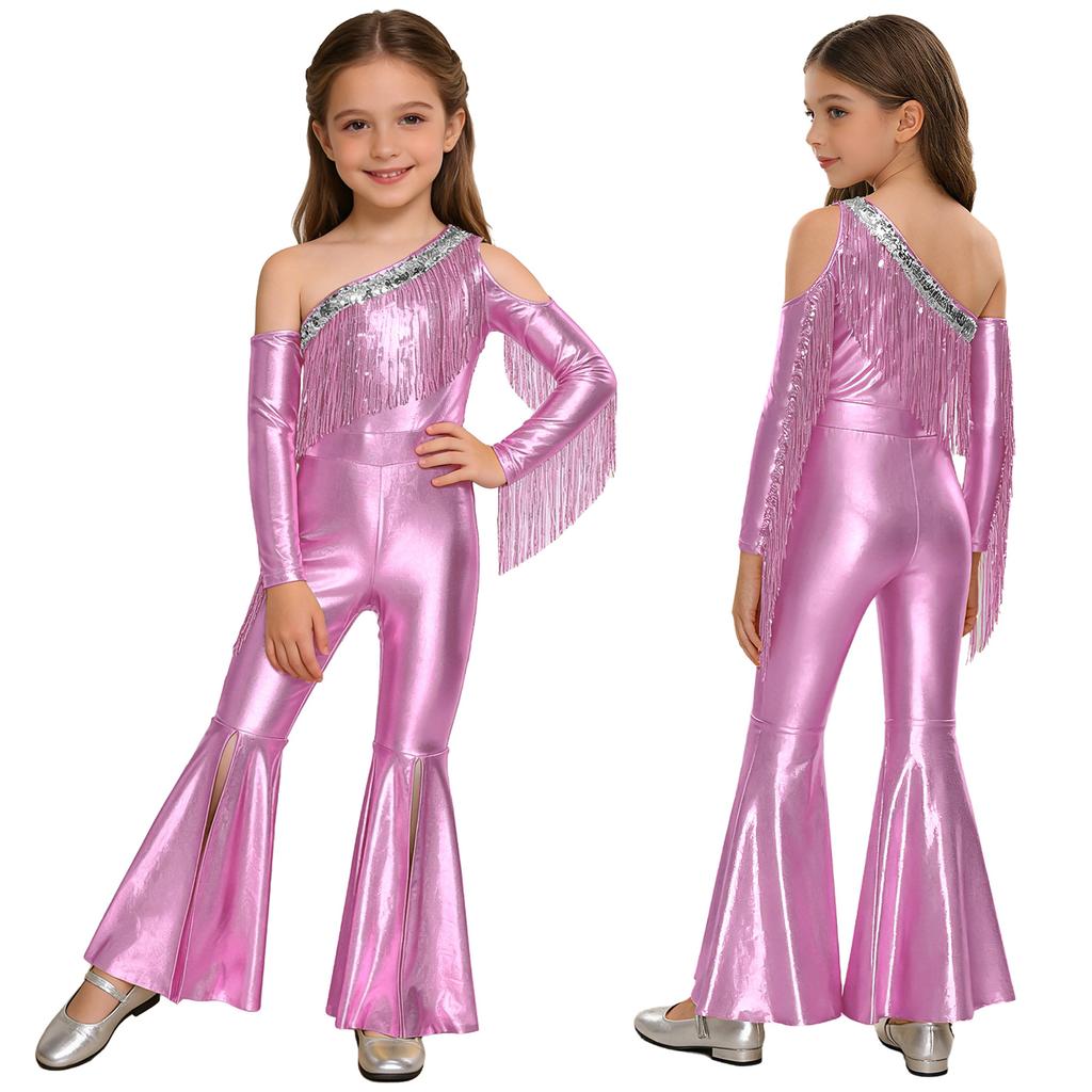 Girls Pageant & Stage Romper: Metallic Shiny Off Shoulder Jumpsuit with Sequin Tassels & Bell Bottom Legs for Disco