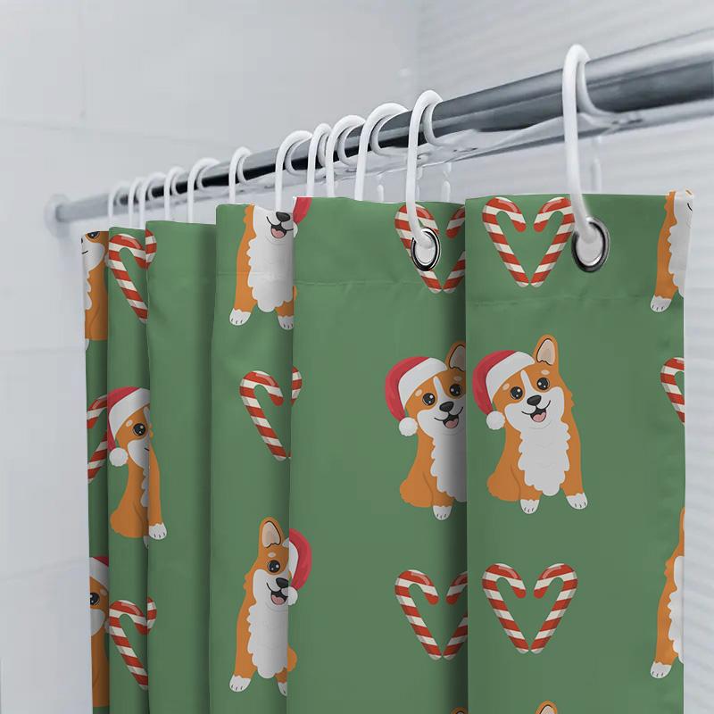 Green Christmas-themed Shower Curtains Featuring Cute Corgi Designs Festive Home Decor for Bathroom! (128 Characters)