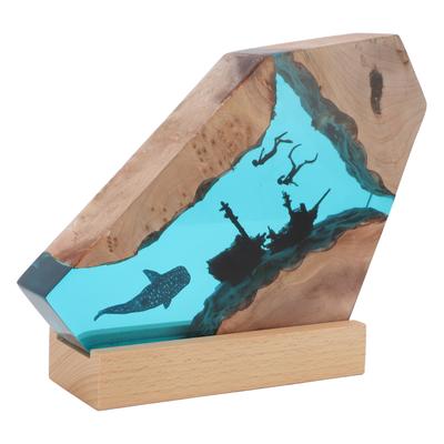 Luz Noturna de Mergulhador em Navio Tubarão Lâmpada de Mesa Mergulhador de Resina Feito à Mão Mergulho em Caverna de Mar Profundo Luz Led Ornamento de Mesa para Decoração de Quarto Escritório